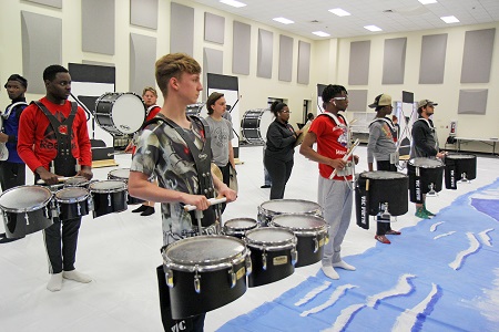 Members of East Mississippi Community College’s Winter Percussion group practice their routine Thursday, Feb. 13, in Scooba. The new group is gearing up for its second competition Feb. 22 in Pearl and the Mississippi Indoor Association state competition March 27 in Jackson. Members of East Mississippi Community College’s Winter Percussion group practice their routine Thursday, Feb. 13, in Scooba. The new group is gearing up for its second competition Feb. 22 in Pearl and the Mississippi Indoor Association state competition March 27 in Jackson.